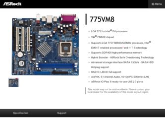 775VM8 driver download page on the ASRock site