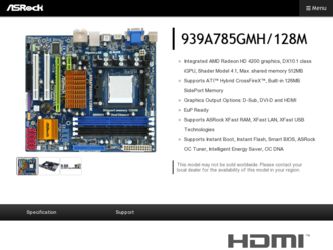 939A785GMH/128M driver download page on the ASRock site