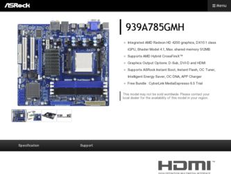 939A785GMH driver download page on the ASRock site