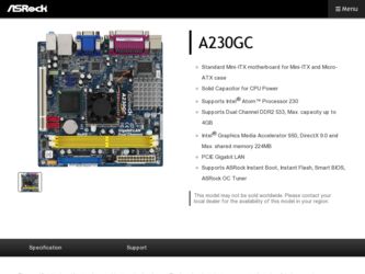 A230GC driver download page on the ASRock site