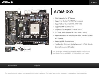 A75M-DGS driver download page on the ASRock site