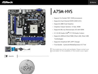A75M-HVS driver download page on the ASRock site