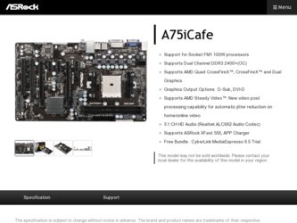 A75iCafe driver download page on the ASRock site