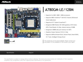 A780GM-LE/128M driver download page on the ASRock site
