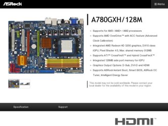 A780GXH/128M driver download page on the ASRock site