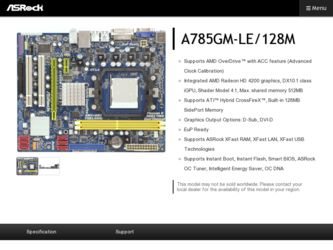A785GM-LE/128M driver download page on the ASRock site