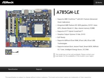 A785GM-LE driver download page on the ASRock site