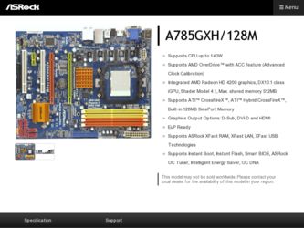 A785GXH/128M driver download page on the ASRock site