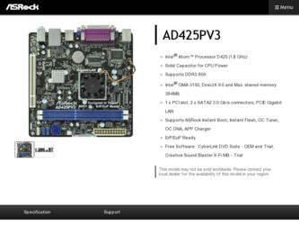 AD425PV3 driver download page on the ASRock site