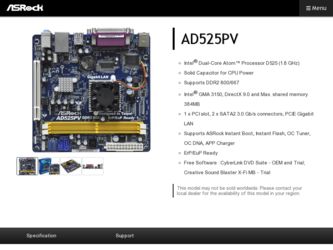 AD525PV driver download page on the ASRock site