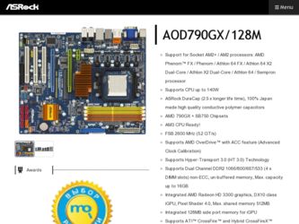 AOD790GX/128M driver download page on the ASRock site