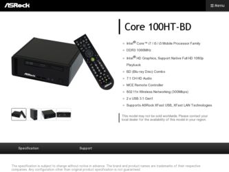 Core 100HT-BD driver download page on the ASRock site