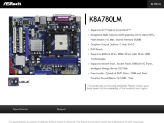 K8A780LM driver download page on the ASRock site