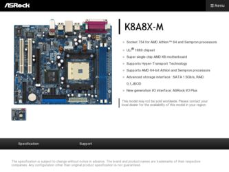 K8A8X-M driver download page on the ASRock site