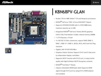 K8N68PV-GLAN driver download page on the ASRock site