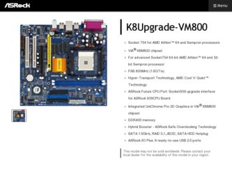 K8Upgrade-VM800 driver download page on the ASRock site