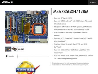 M3A785GXH/128M driver download page on the ASRock site