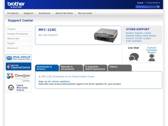 MFC-210C driver download page on the Brother International site