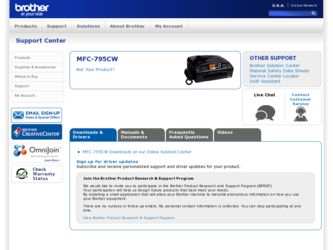 MFC 795CW driver download page on the Brother International site