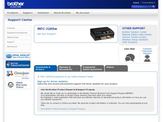 MFC-J265w driver download page on the Brother International site