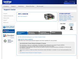 MFC490CW driver download page on the Brother International site