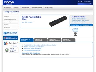 PJ623 PocketJet 6 Plus driver download page on the Brother International site