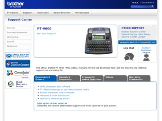 PT-9600 driver download page on the Brother International site