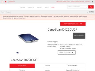 CanoScan D1250U2F driver download page on the Canon site