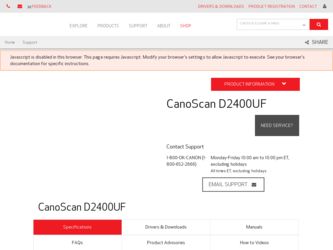 CanoScan D2400UF driver download page on the Canon site