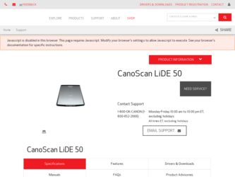 CanoScan LiDE 50 driver download page on the Canon site