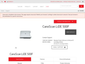 CanoScan LiDE 500F driver download page on the Canon site