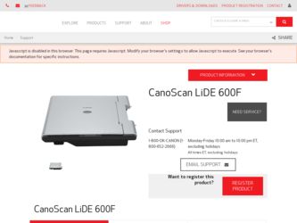 CanoScan LiDE 600F driver download page on the Canon site