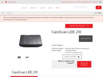 CanoScan LiDE210 driver download page on the Canon site