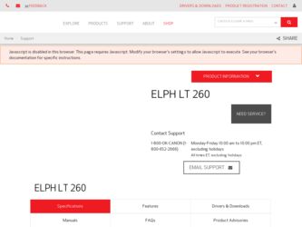 Elph LT 260 driver download page on the Canon site