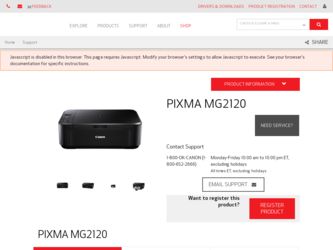 PIXMA MG2120 driver download page on the Canon site