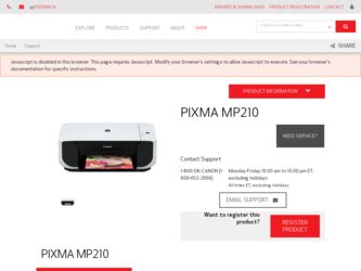 PIXMA MP210 driver download page on the Canon site
