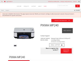 PIXMA MP240 driver download page on the Canon site