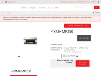 PIXMA MP250 driver download page on the Canon site
