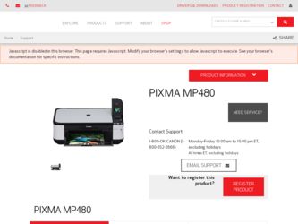 PIXMA MP480 driver download page on the Canon site