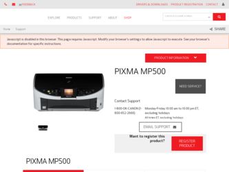 PIXMA MP500 driver download page on the Canon site