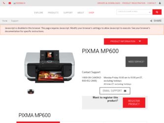 PIXMA MP600 driver download page on the Canon site