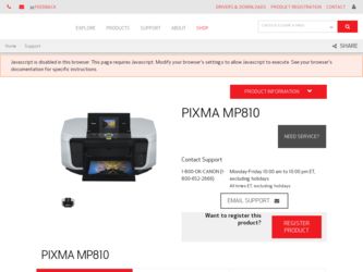 PIXMA MP810 driver download page on the Canon site