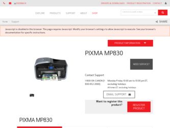 PIXMA MP830 driver download page on the Canon site