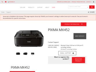 PIXMA MX452 driver download page on the Canon site