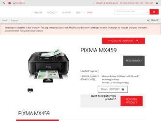 PIXMA MX459 driver download page on the Canon site