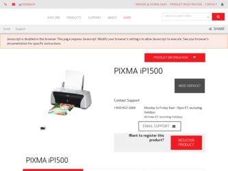 PIXMA iP1500 driver download page on the Canon site
