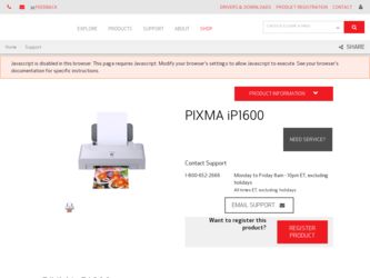 PIXMA iP1600 driver download page on the Canon site