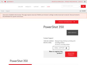 PowerShot 350 driver download page on the Canon site