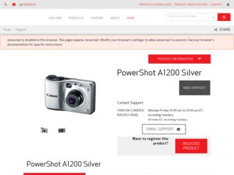 PowerShot A1200 Silver driver download page on the Canon site