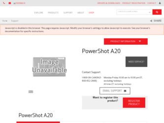 PowerShot A20 driver download page on the Canon site